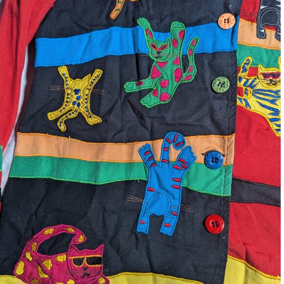 Vtg 1990s Keren Hart Black Primary Color Cat Applique Button Up Jacket Sz S - Picture 3 of 4